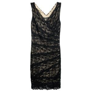 Onyx Nite Beaded Lace Pencil Mini Dress 6 Black Tan Event Party Evening HOCO